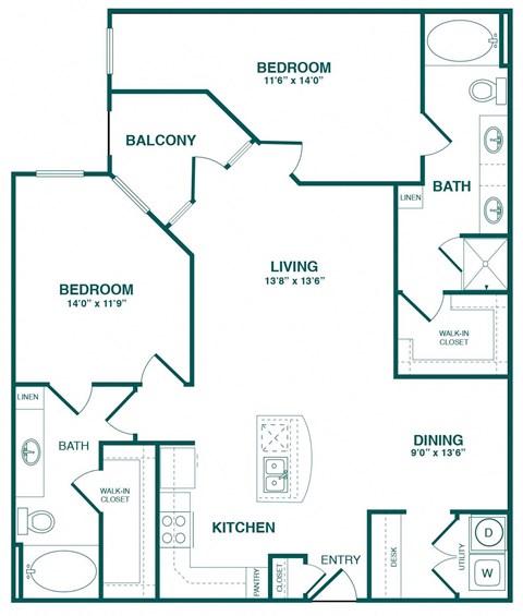 Floor plan for 2 beds, 2 baths, 1304 sqft